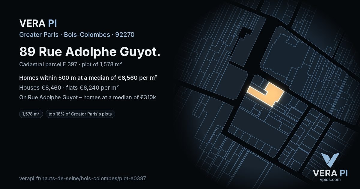 89 Rue Adolphe Guyot, Bois-Colombes at night – the plot lit, the parcels around coloured by the prices near them