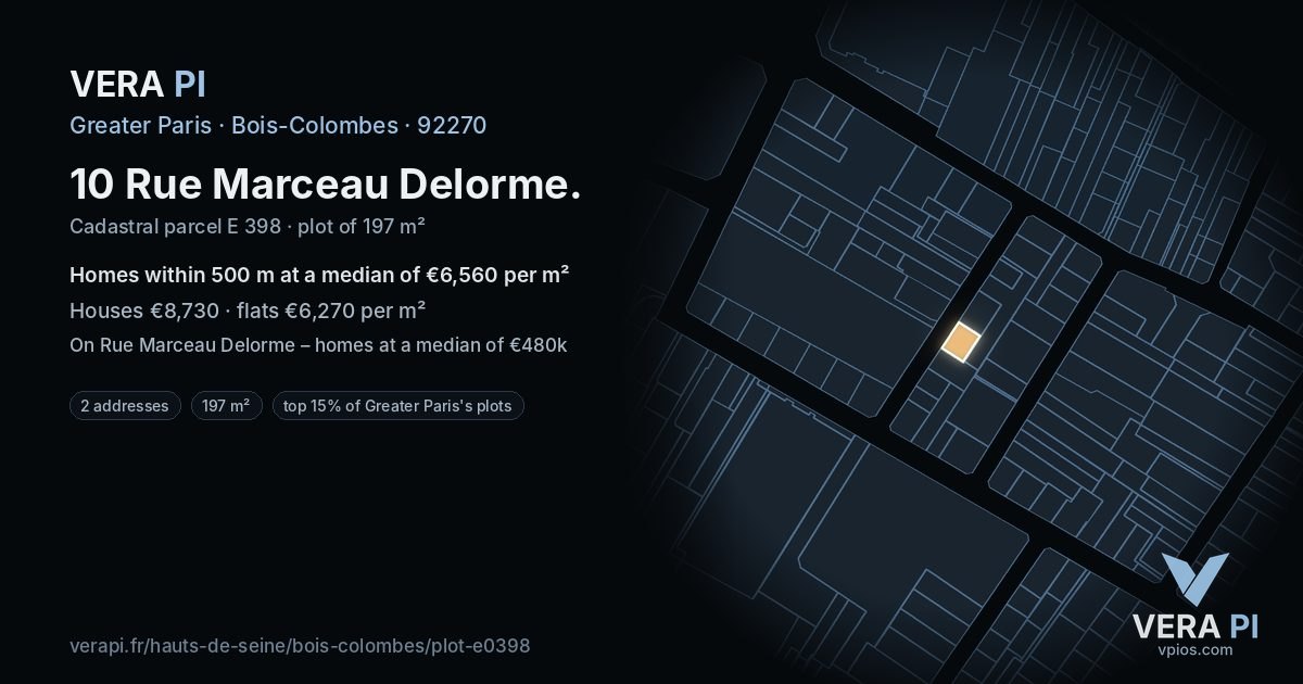10 Rue Marceau Delorme, Bois-Colombes at night – the plot lit, the parcels around coloured by the prices near them