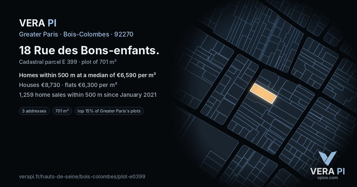 18 Rue des Bons-enfants, Bois-Colombes at night – the plot lit, the parcels around coloured by the prices near them