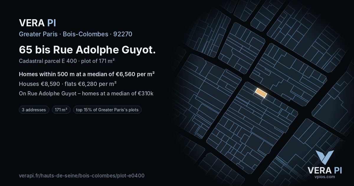 65 bis Rue Adolphe Guyot, Bois-Colombes at night – the plot lit, the parcels around coloured by the prices near them