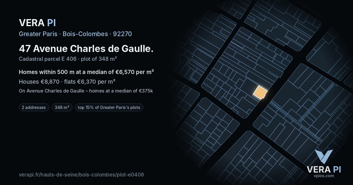 47 Avenue Charles de Gaulle, Bois-Colombes at night – the plot lit, the parcels around coloured by the prices near them