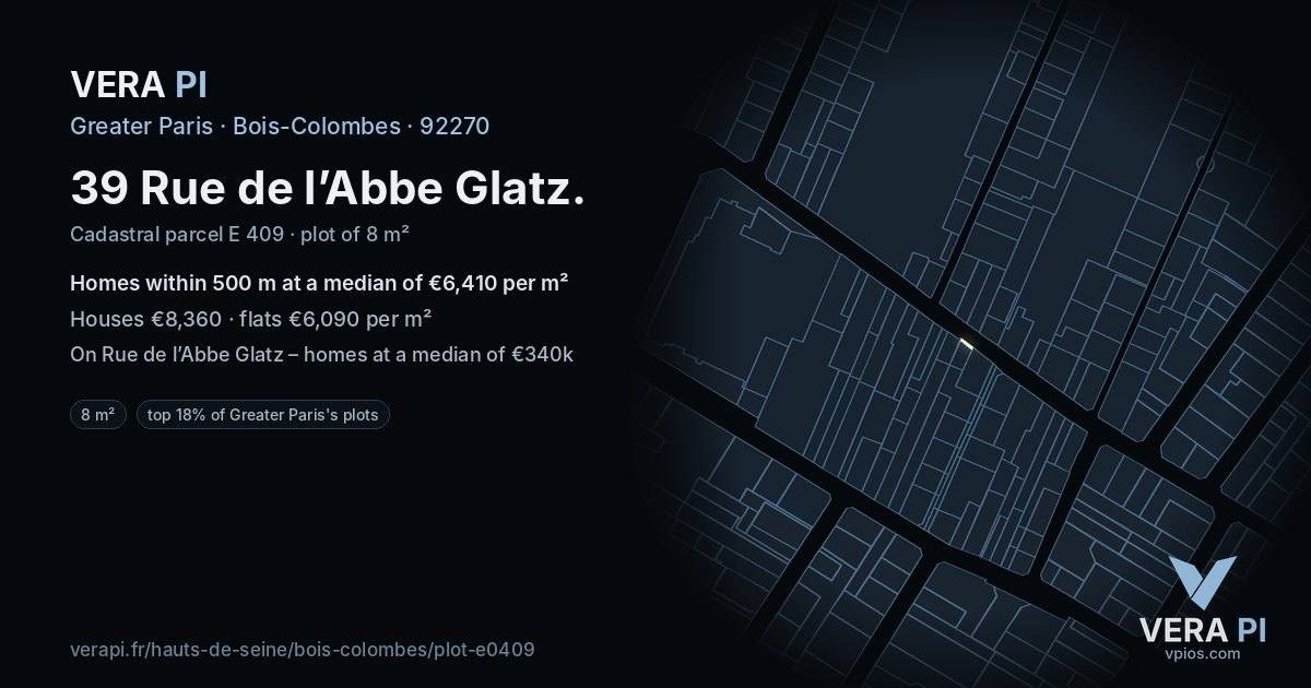 39 Rue de l’Abbe Glatz, Bois-Colombes at night – the plot lit, the parcels around coloured by the prices near them