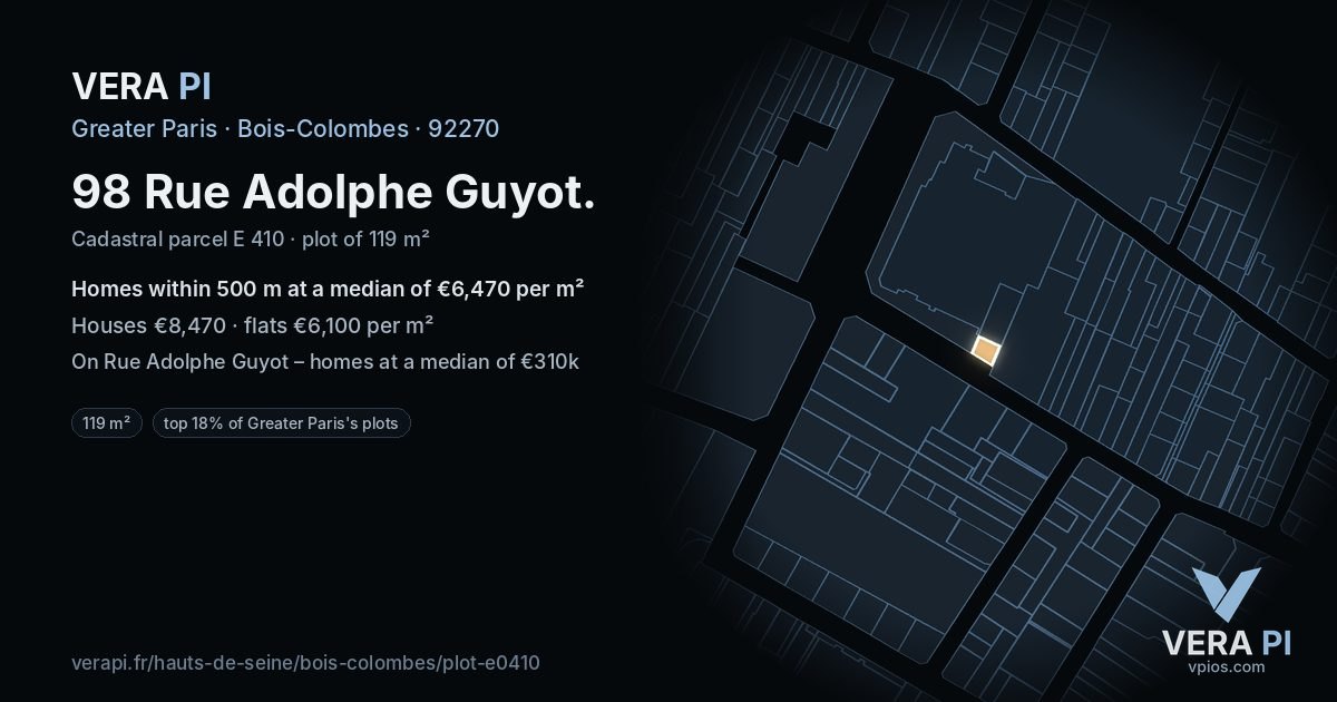 98 Rue Adolphe Guyot, Bois-Colombes at night – the plot lit, the parcels around coloured by the prices near them
