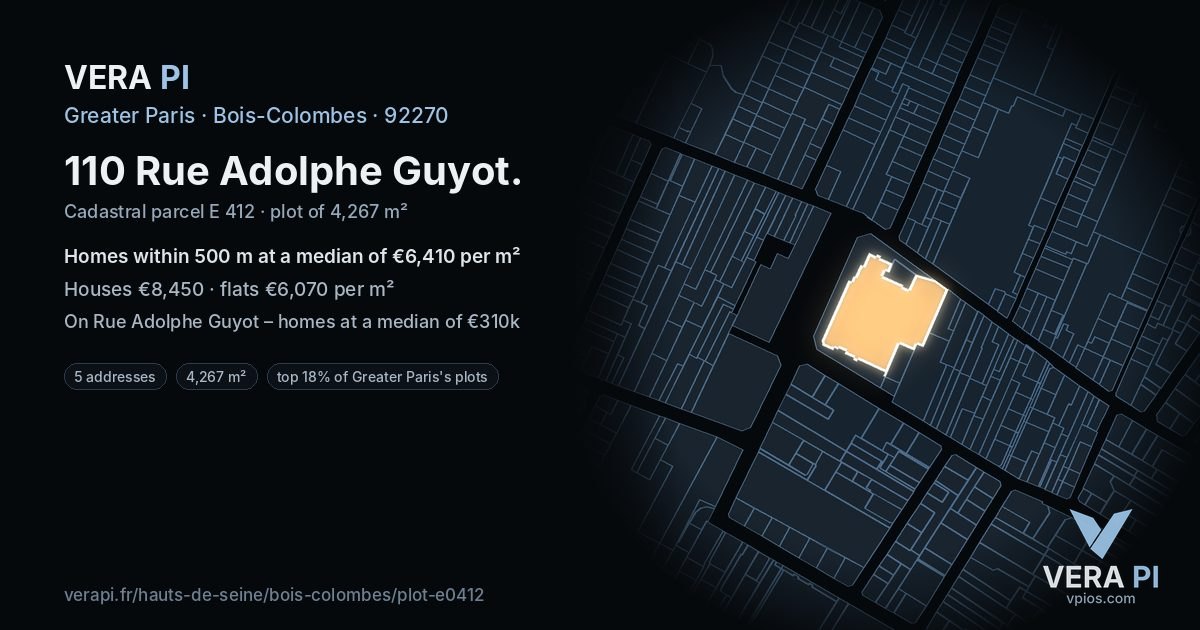 110 Rue Adolphe Guyot, Bois-Colombes at night – the plot lit, the parcels around coloured by the prices near them