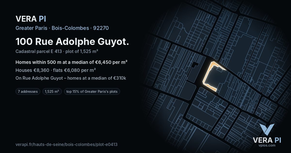 100 Rue Adolphe Guyot, Bois-Colombes at night – the plot lit, the parcels around coloured by the prices near them