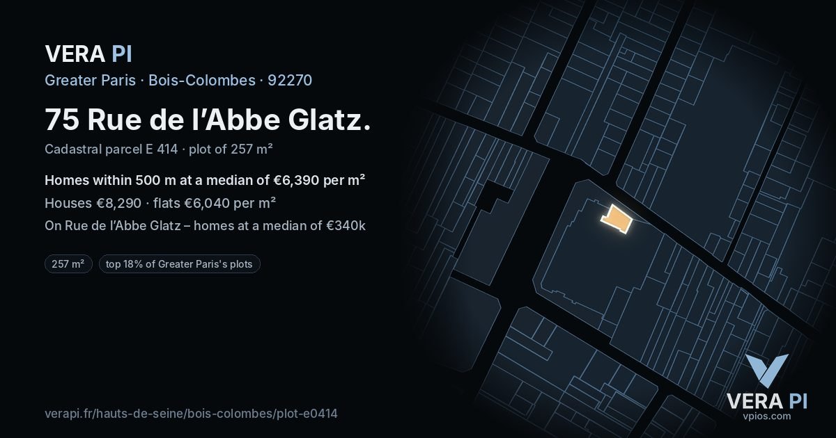 75 Rue de l’Abbe Glatz, Bois-Colombes at night – the plot lit, the parcels around coloured by the prices near them