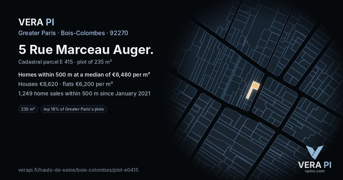 5 Rue Marceau Auger, Bois-Colombes at night – the plot lit, the parcels around coloured by the prices near them