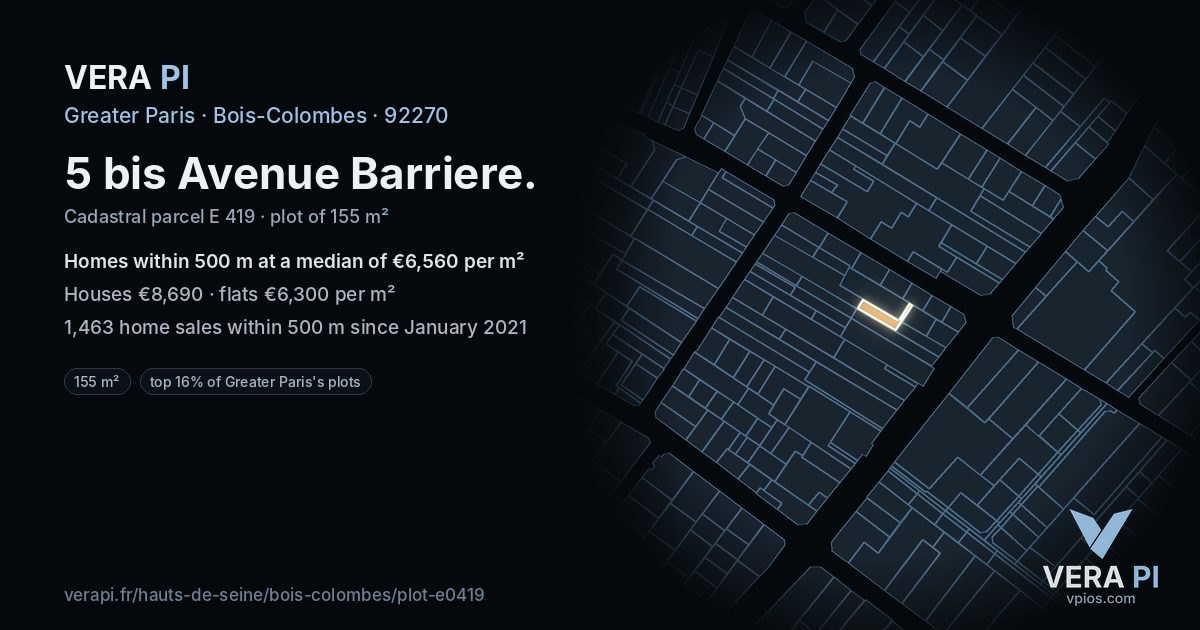 5 bis Avenue Barriere, Bois-Colombes at night – the plot lit, the parcels around coloured by the prices near them