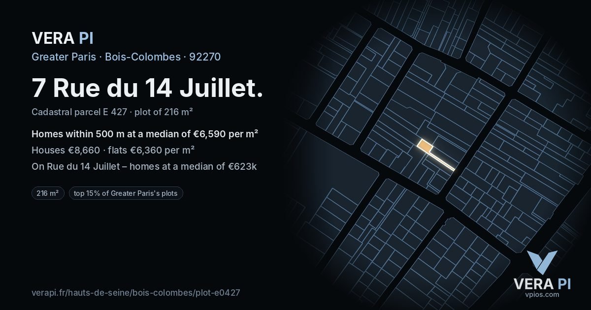 7 Rue du 14 Juillet, Bois-Colombes at night – the plot lit, the parcels around coloured by the prices near them