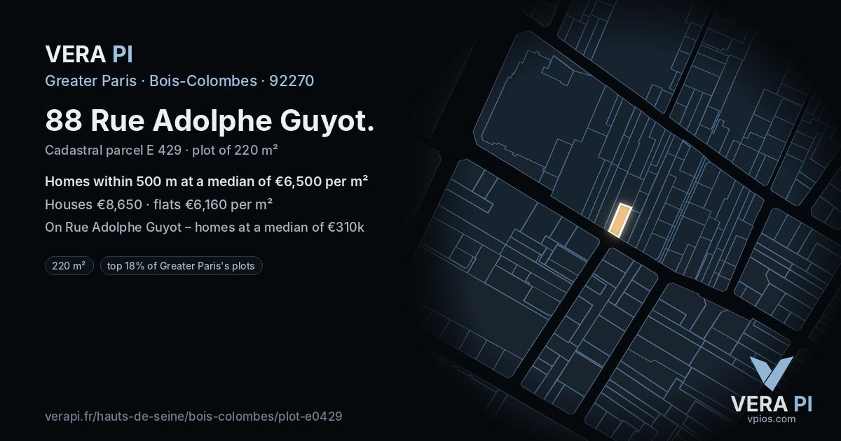 88 Rue Adolphe Guyot, Bois-Colombes at night – the plot lit, the parcels around coloured by the prices near them