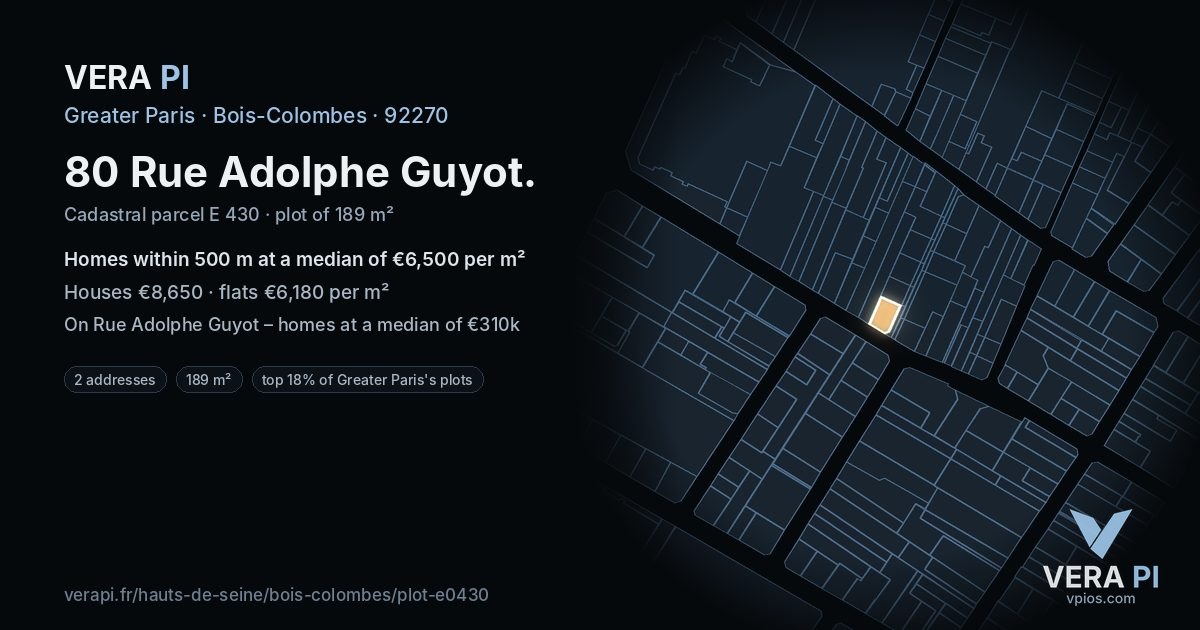 80 Rue Adolphe Guyot, Bois-Colombes at night – the plot lit, the parcels around coloured by the prices near them
