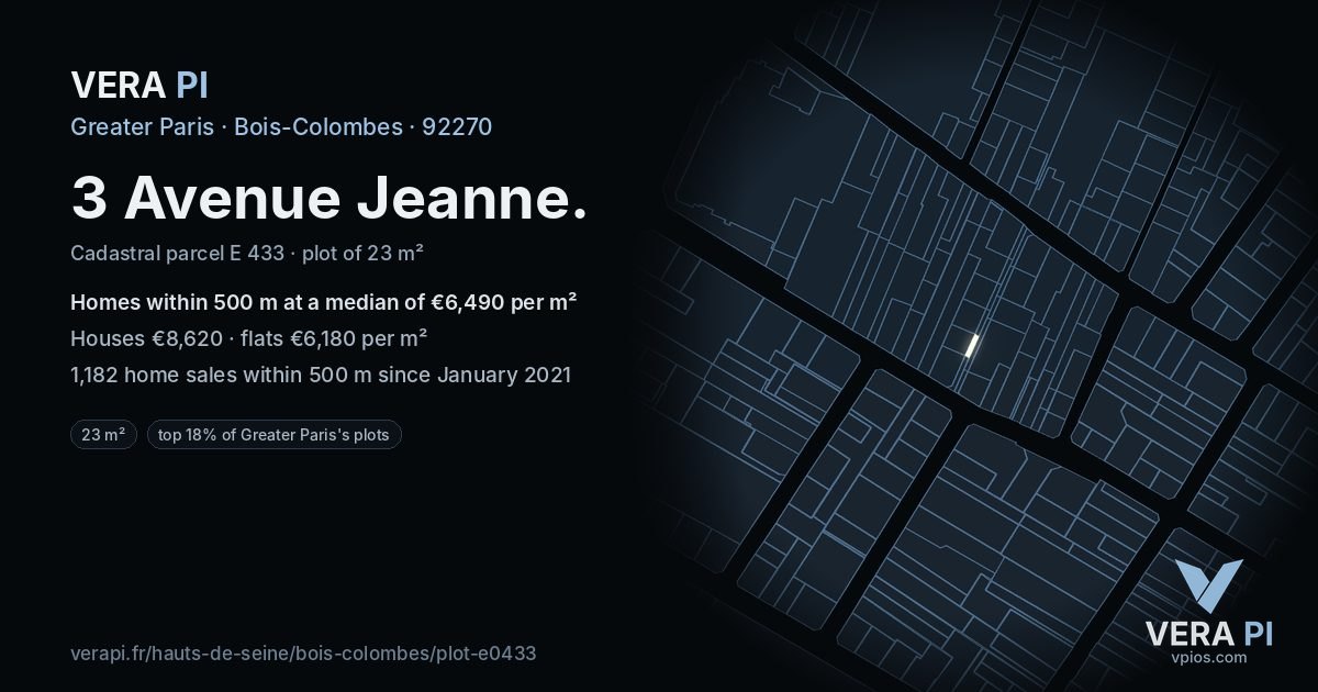 3 Avenue Jeanne, Bois-Colombes at night – the plot lit, the parcels around coloured by the prices near them