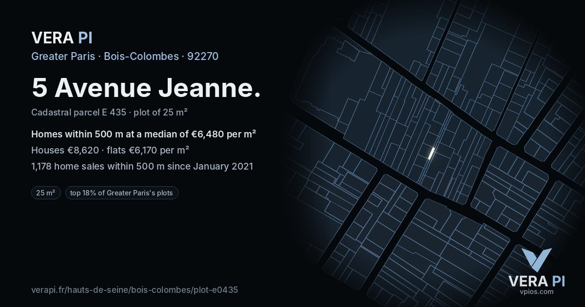 5 Avenue Jeanne, Bois-Colombes at night – the plot lit, the parcels around coloured by the prices near them