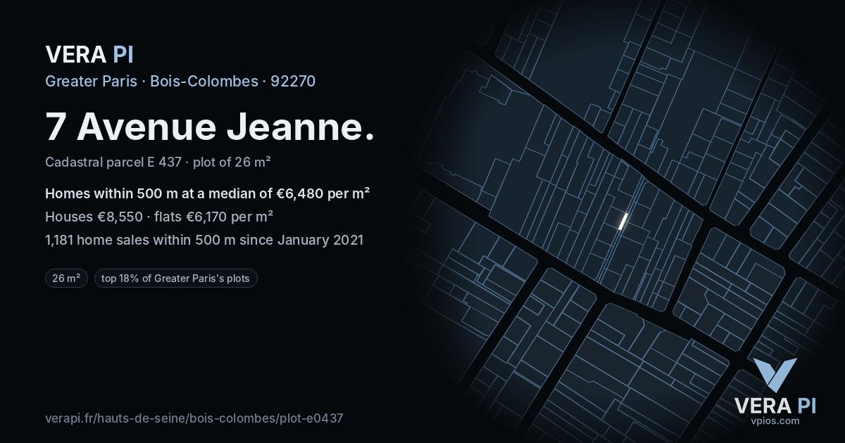 7 Avenue Jeanne, Bois-Colombes at night – the plot lit, the parcels around coloured by the prices near them