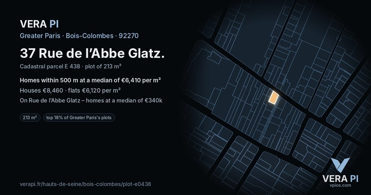37 Rue de l’Abbe Glatz, Bois-Colombes at night – the plot lit, the parcels around coloured by the prices near them