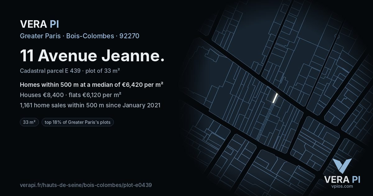 11 Avenue Jeanne, Bois-Colombes at night – the plot lit, the parcels around coloured by the prices near them