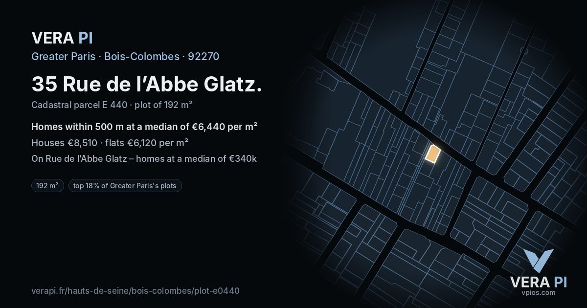 35 Rue de l’Abbe Glatz, Bois-Colombes at night – the plot lit, the parcels around coloured by the prices near them
