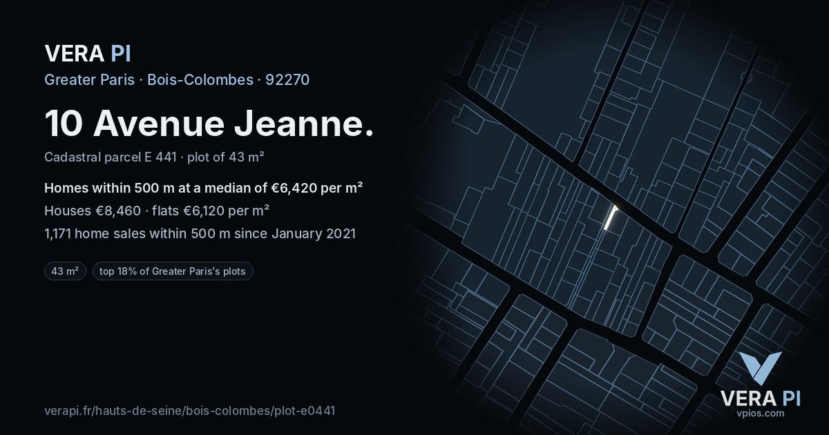 10 Avenue Jeanne, Bois-Colombes at night – the plot lit, the parcels around coloured by the prices near them