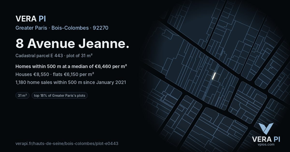 8 Avenue Jeanne, Bois-Colombes at night – the plot lit, the parcels around coloured by the prices near them