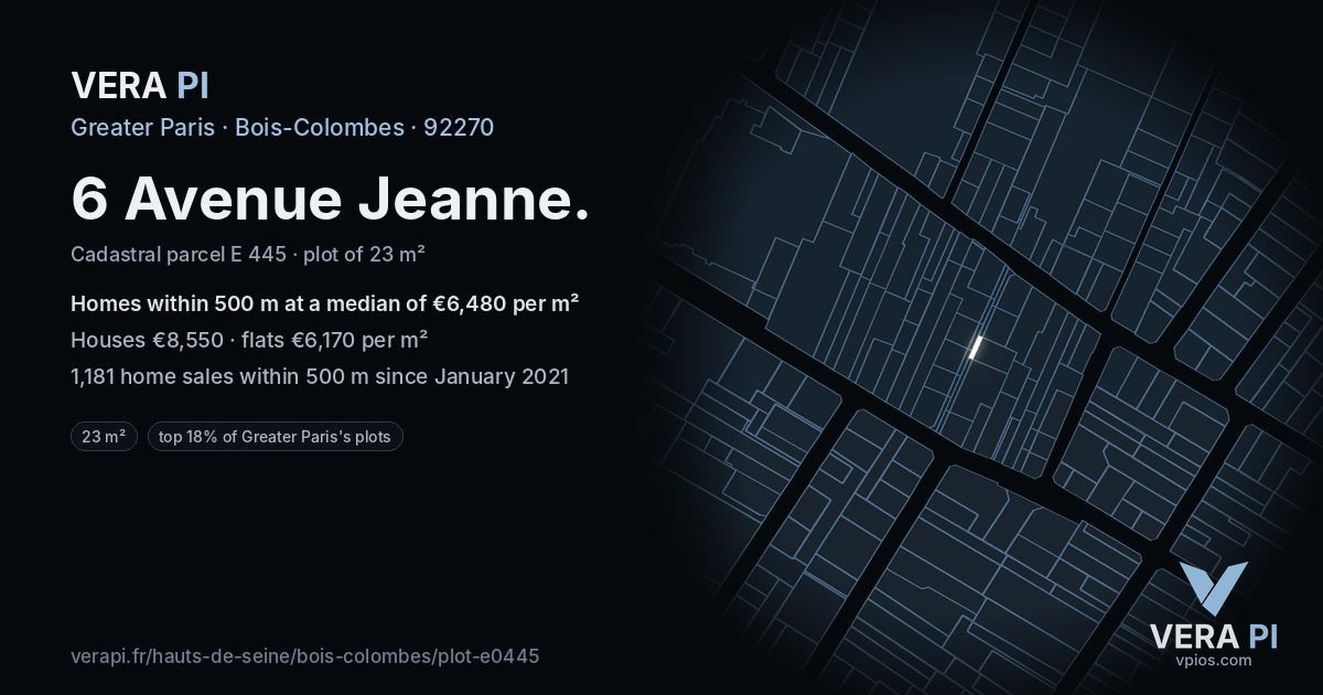 6 Avenue Jeanne, Bois-Colombes at night – the plot lit, the parcels around coloured by the prices near them