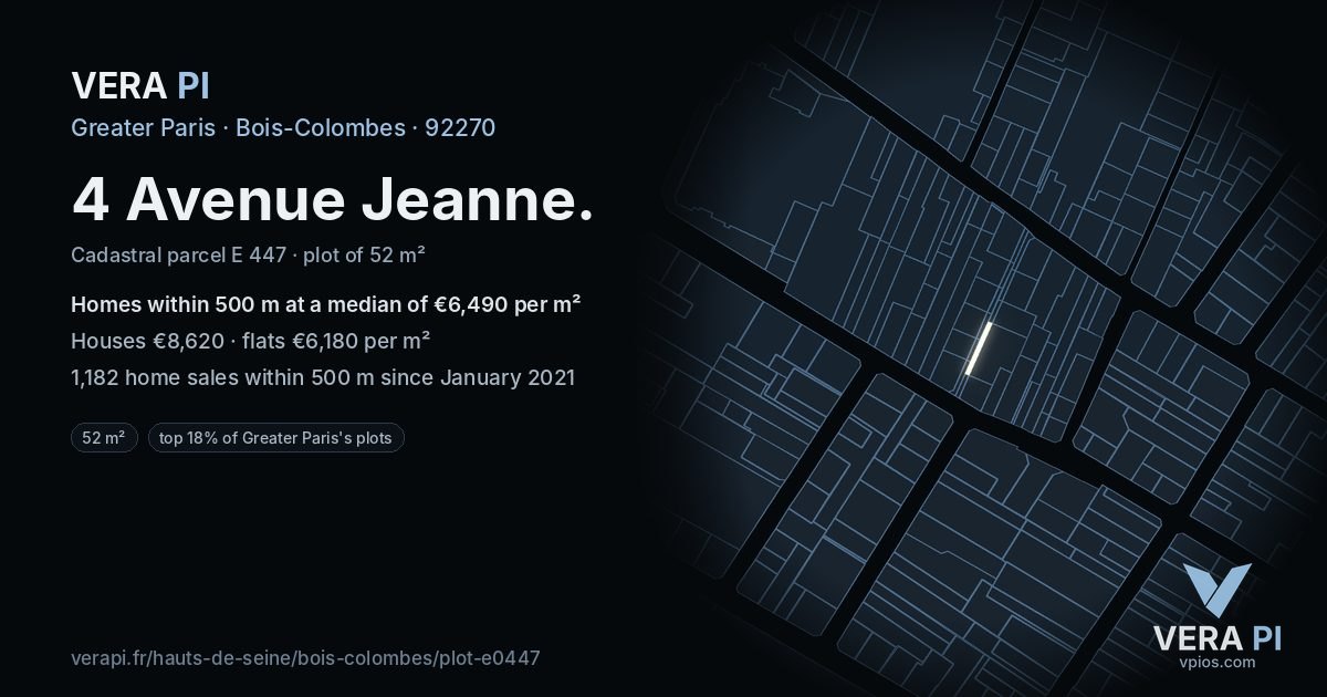 4 Avenue Jeanne, Bois-Colombes at night – the plot lit, the parcels around coloured by the prices near them