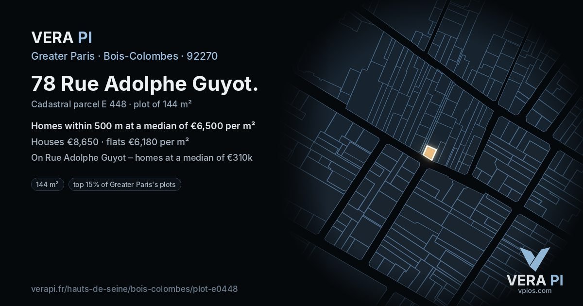 78 Rue Adolphe Guyot, Bois-Colombes at night – the plot lit, the parcels around coloured by the prices near them