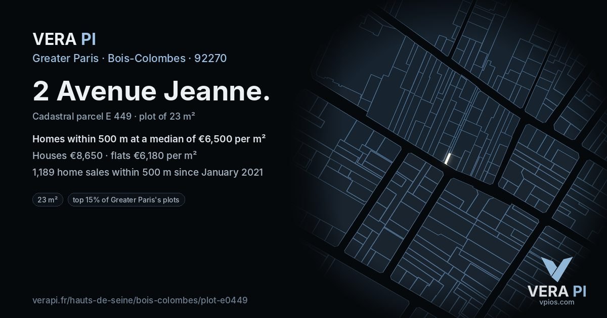 2 Avenue Jeanne, Bois-Colombes at night – the plot lit, the parcels around coloured by the prices near them