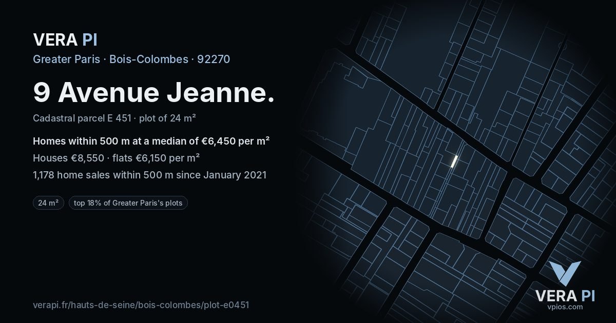 9 Avenue Jeanne, Bois-Colombes at night – the plot lit, the parcels around coloured by the prices near them