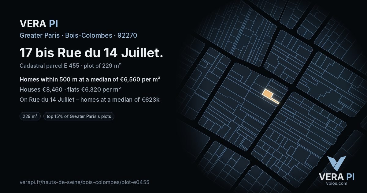 17 bis Rue du 14 Juillet, Bois-Colombes at night – the plot lit, the parcels around coloured by the prices near them