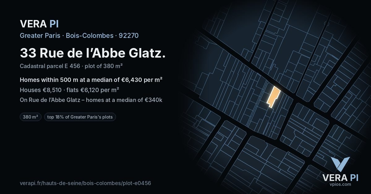 33 Rue de l’Abbe Glatz, Bois-Colombes at night – the plot lit, the parcels around coloured by the prices near them