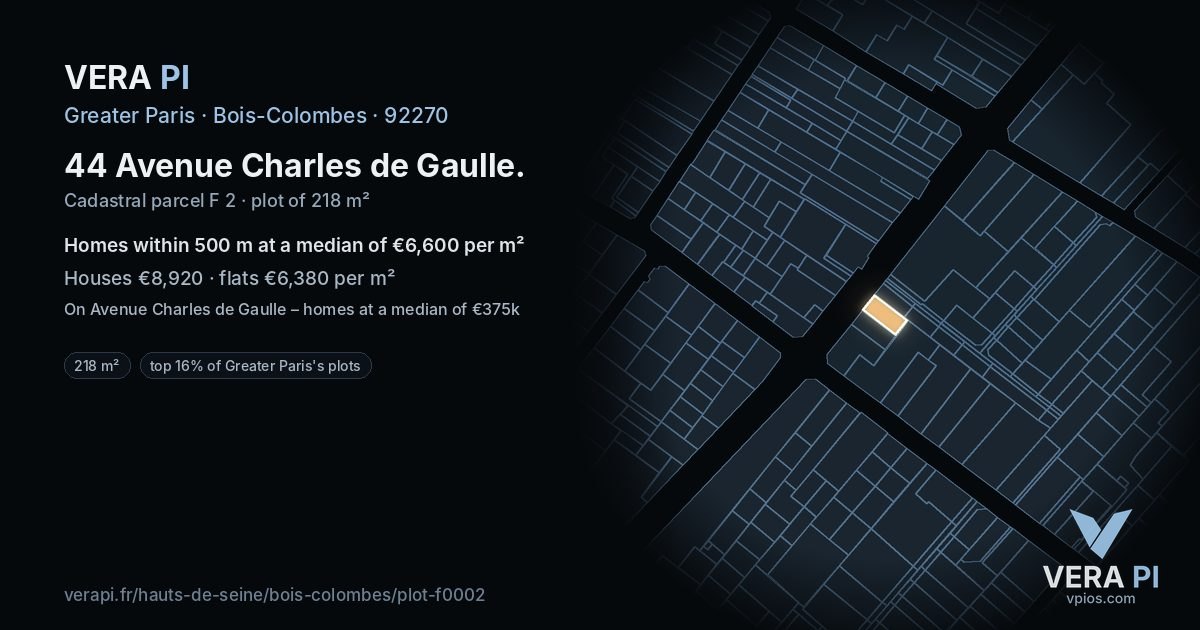 44 Avenue Charles de Gaulle, Bois-Colombes at night – the plot lit, the parcels around coloured by the prices near them
