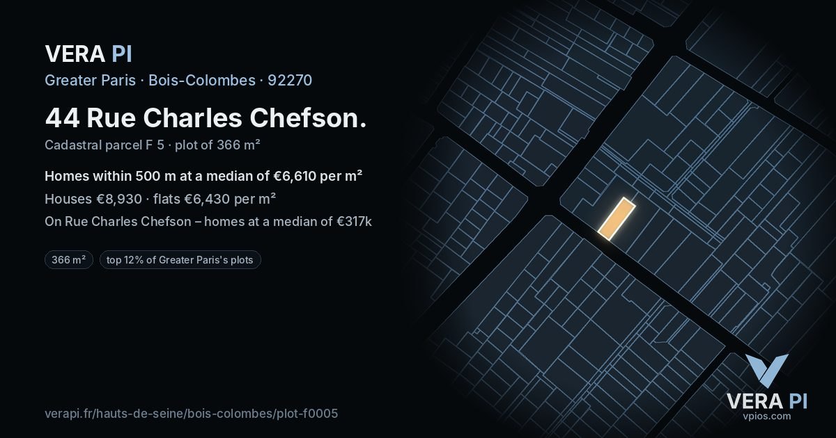 44 Rue Charles Chefson, Bois-Colombes at night – the plot lit, the parcels around coloured by the prices near them