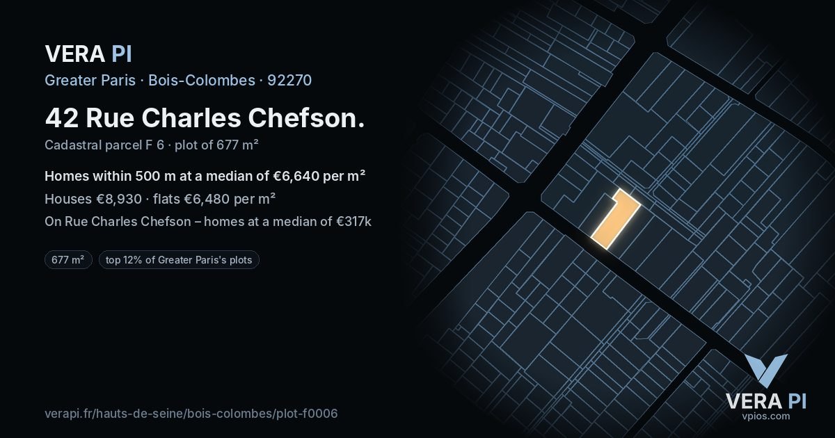 42 Rue Charles Chefson, Bois-Colombes at night – the plot lit, the parcels around coloured by the prices near them