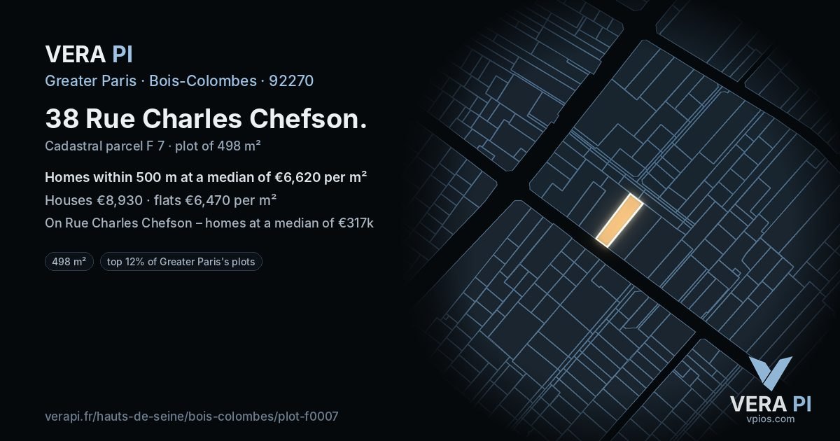 38 Rue Charles Chefson, Bois-Colombes at night – the plot lit, the parcels around coloured by the prices near them