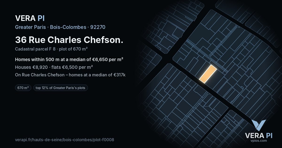 36 Rue Charles Chefson, Bois-Colombes at night – the plot lit, the parcels around coloured by the prices near them