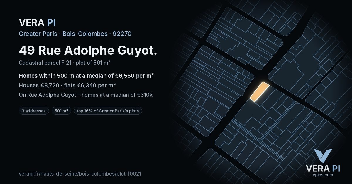 49 Rue Adolphe Guyot, Bois-Colombes at night – the plot lit, the parcels around coloured by the prices near them