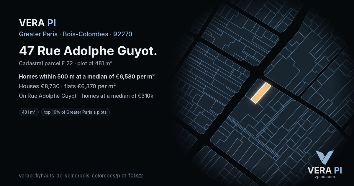 47 Rue Adolphe Guyot, Bois-Colombes at night – the plot lit, the parcels around coloured by the prices near them