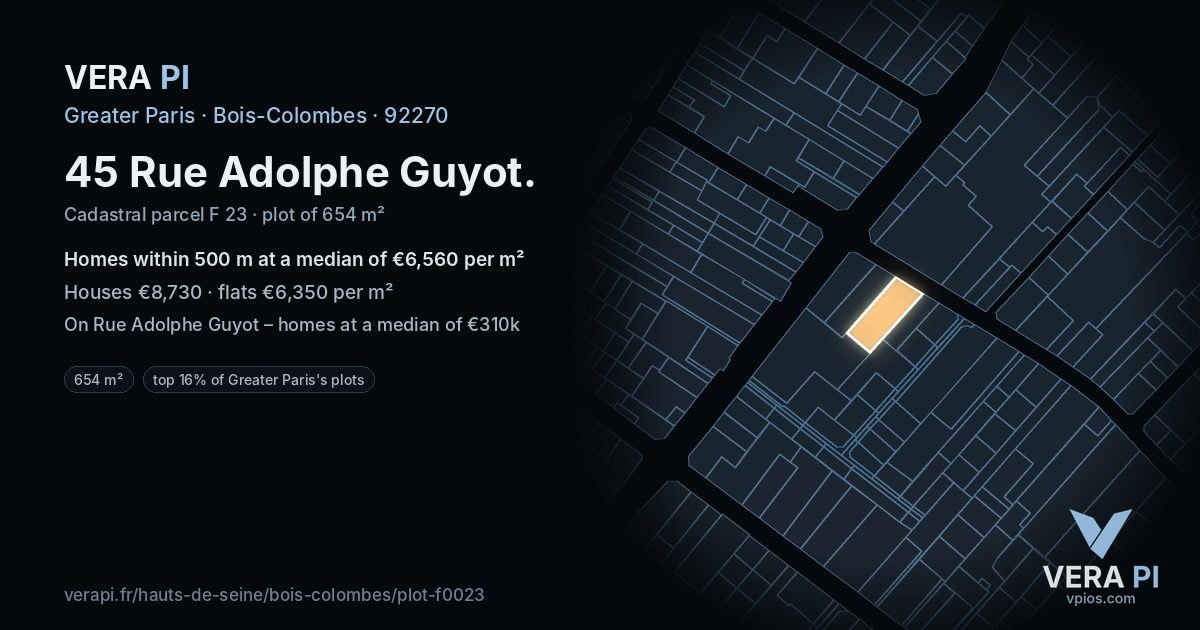 45 Rue Adolphe Guyot, Bois-Colombes at night – the plot lit, the parcels around coloured by the prices near them