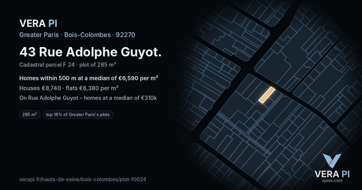 43 Rue Adolphe Guyot, Bois-Colombes at night – the plot lit, the parcels around coloured by the prices near them