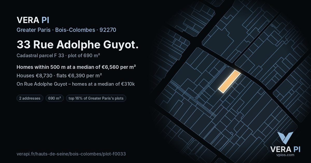 33 Rue Adolphe Guyot, Bois-Colombes at night – the plot lit, the parcels around coloured by the prices near them