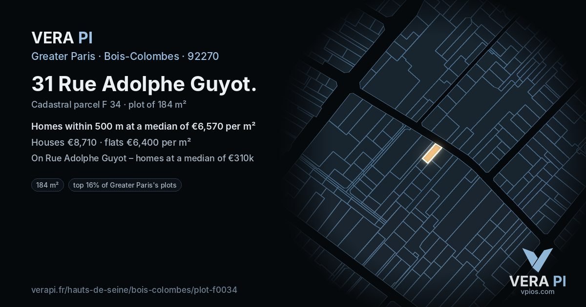 31 Rue Adolphe Guyot, Bois-Colombes at night – the plot lit, the parcels around coloured by the prices near them