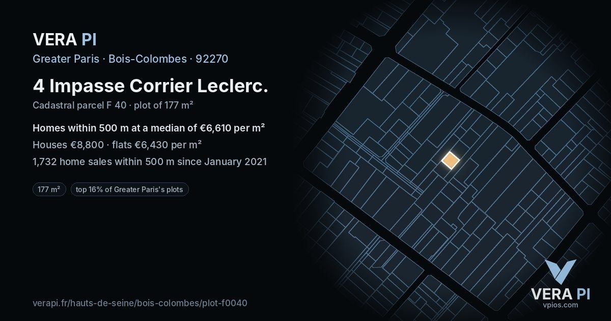 4 Impasse Corrier Leclerc, Bois-Colombes at night – the plot lit, the parcels around coloured by the prices near them
