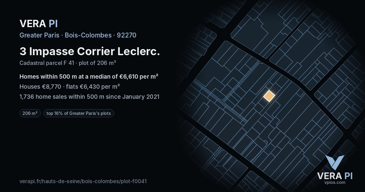 3 Impasse Corrier Leclerc, Bois-Colombes at night – the plot lit, the parcels around coloured by the prices near them