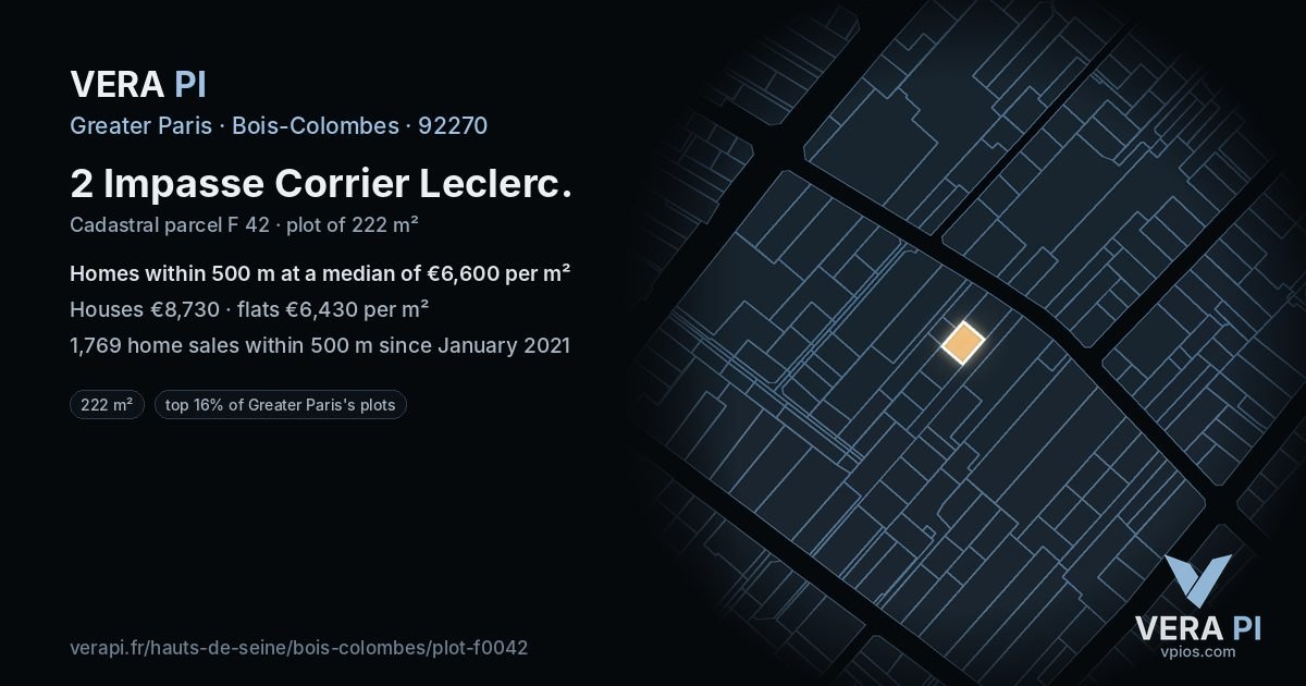 2 Impasse Corrier Leclerc, Bois-Colombes at night – the plot lit, the parcels around coloured by the prices near them
