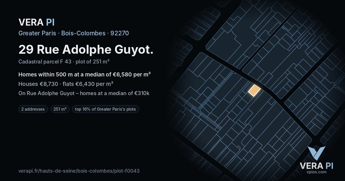 29 Rue Adolphe Guyot, Bois-Colombes at night – the plot lit, the parcels around coloured by the prices near them
