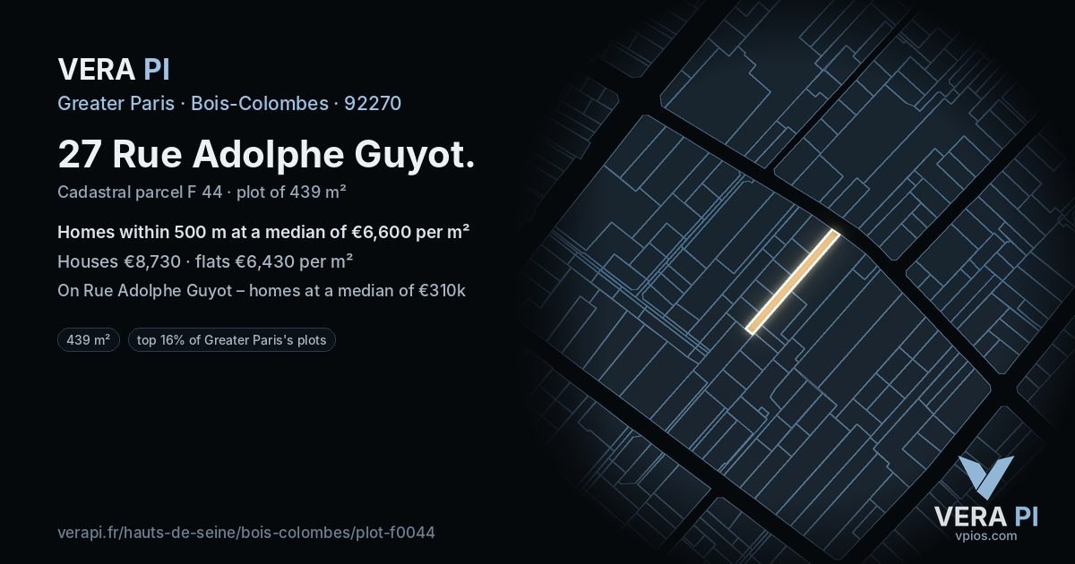 27 Rue Adolphe Guyot, Bois-Colombes at night – the plot lit, the parcels around coloured by the prices near them