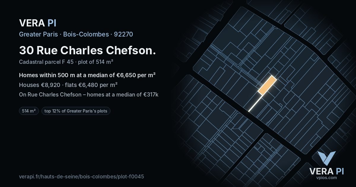 30 Rue Charles Chefson, Bois-Colombes at night – the plot lit, the parcels around coloured by the prices near them