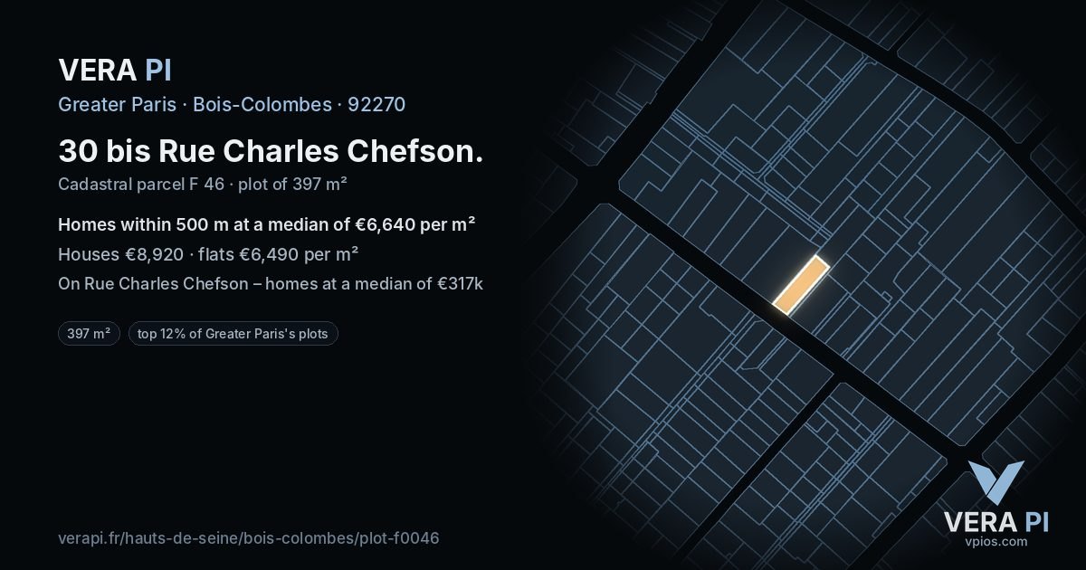 30 bis Rue Charles Chefson, Bois-Colombes at night – the plot lit, the parcels around coloured by the prices near them