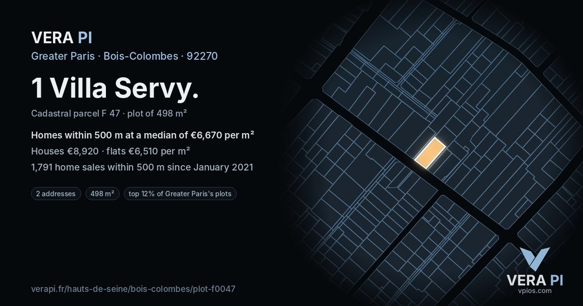 1 Villa Servy, Bois-Colombes at night – the plot lit, the parcels around coloured by the prices near them