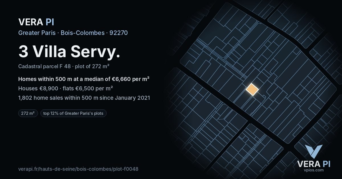 3 Villa Servy, Bois-Colombes at night – the plot lit, the parcels around coloured by the prices near them